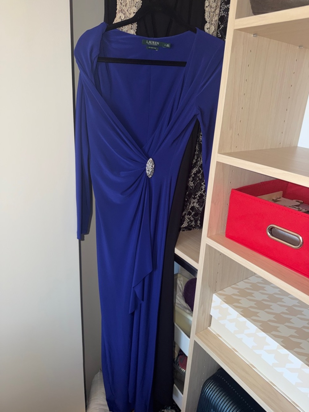 Lauren Ralph Lauren Royal/Blue Long Sleeve Gown with Brooch Detail